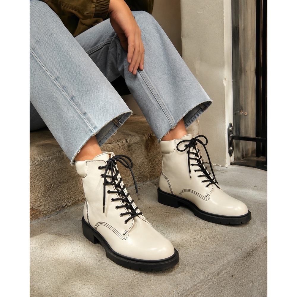 Coach Lorimer Bootie Women's 8.5 Chalk White Leather Combat Lace Up Ankle Boots